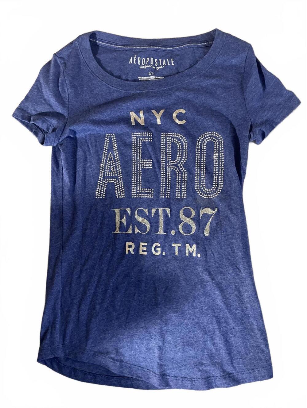 SALE Y2K Aero Tee Top Women's Small Blue Silver NYC Rhinestones